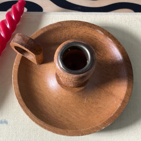 Vintage Wooden & Brass Candle Holder 5" & Twisted Red Candle 6" - Midcentury Mod - Picture 7 of 10